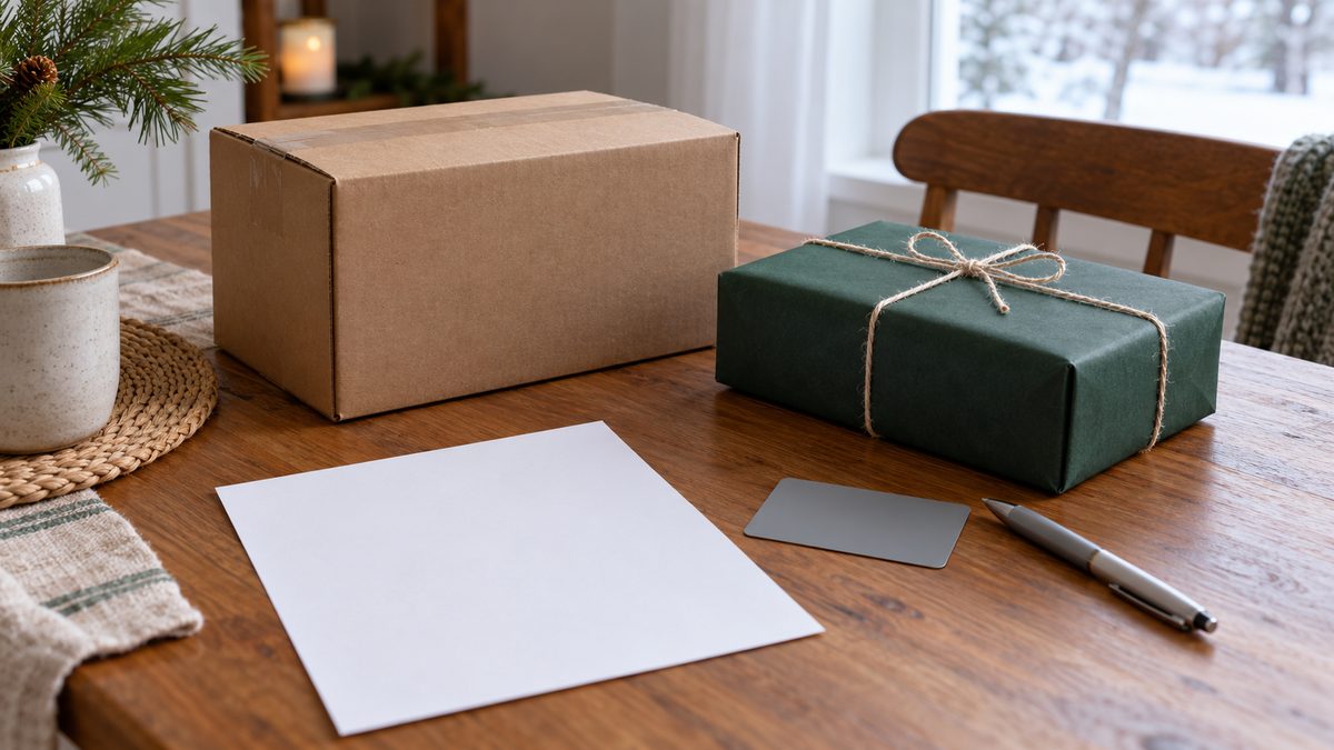 A plain parcel, wrapped gift, blank card, and paperwork on a home dining table in soft winter light.