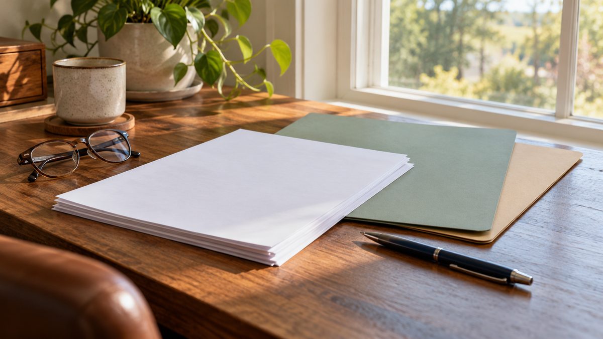 Blank paperwork, folders, glasses, and a pen on a wooden home office desk beside a sunlit window.