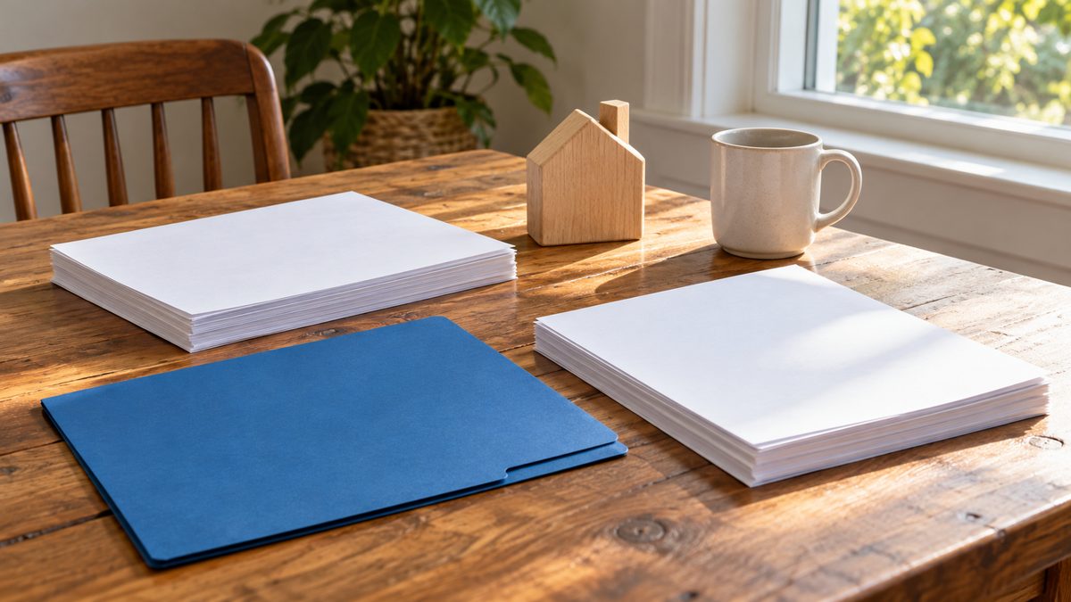 Blank paperwork, a blue folder, a plain mug, and a small wooden house on a sunlit table at home.
