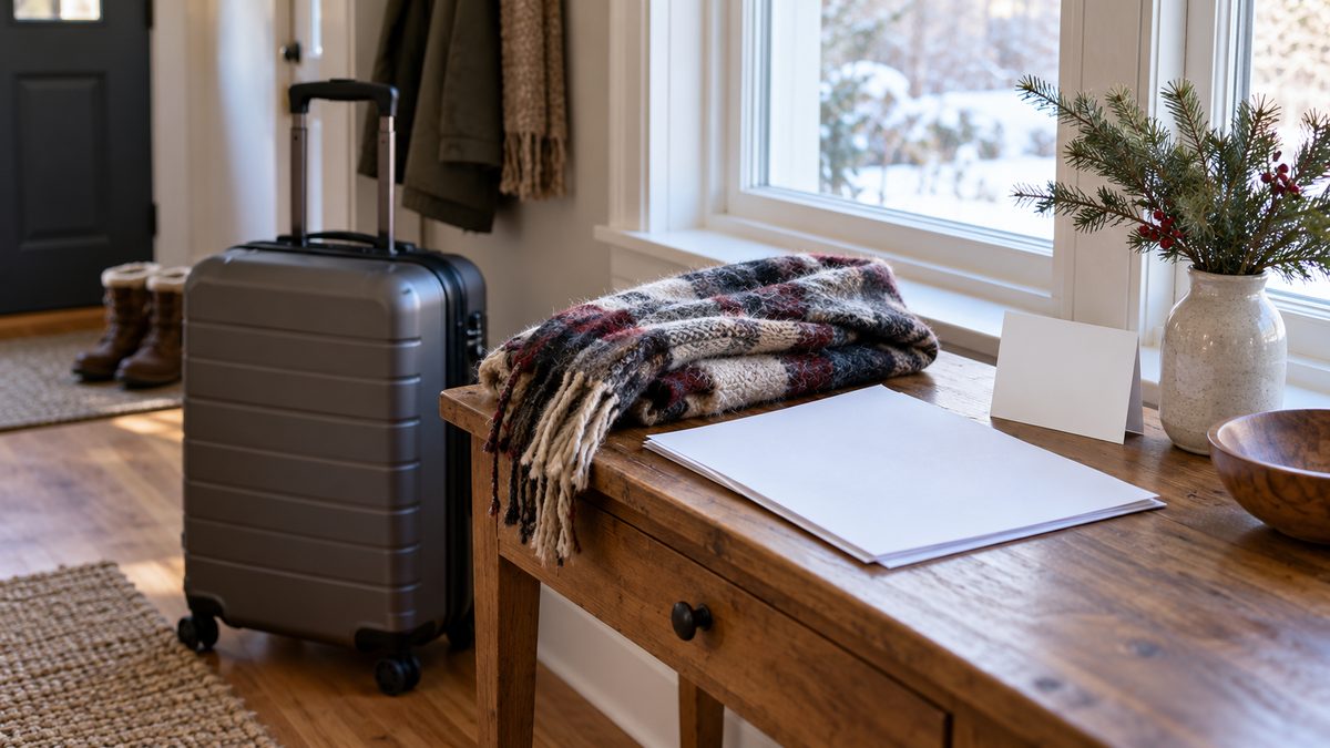 A suitcase, folded winter scarf, and blank travel paperwork beside a snowy entryway window.