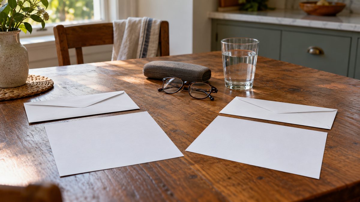 Two blank envelopes and sheets of paper beside glasses and a water glass on a wooden kitchen table.