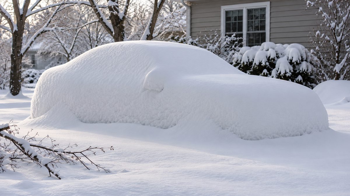 A car covered in deep snow in a suburban driveway with a fallen branch nearby.